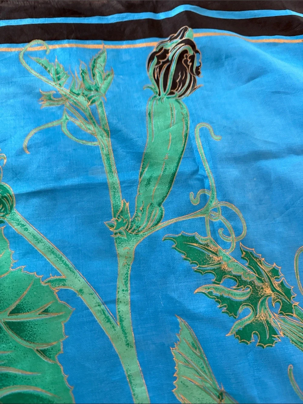 Vintage Thai silk 100% Blue Floral Square Scarf with Pink Bloom